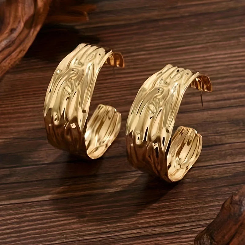 1 Pair of Exaggerated Metal Ring-Shaped Textured Earrings, Fashionable, Simple, Stylish, Versatile Earrings